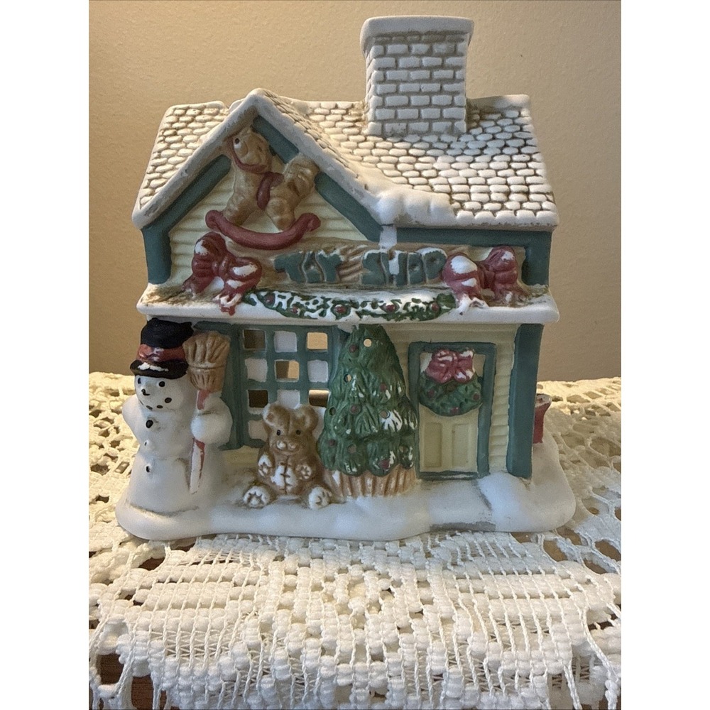 Partylite Toy Shop Snow Village Christmas House w/ Tree Snowman Teddy Bear Horse